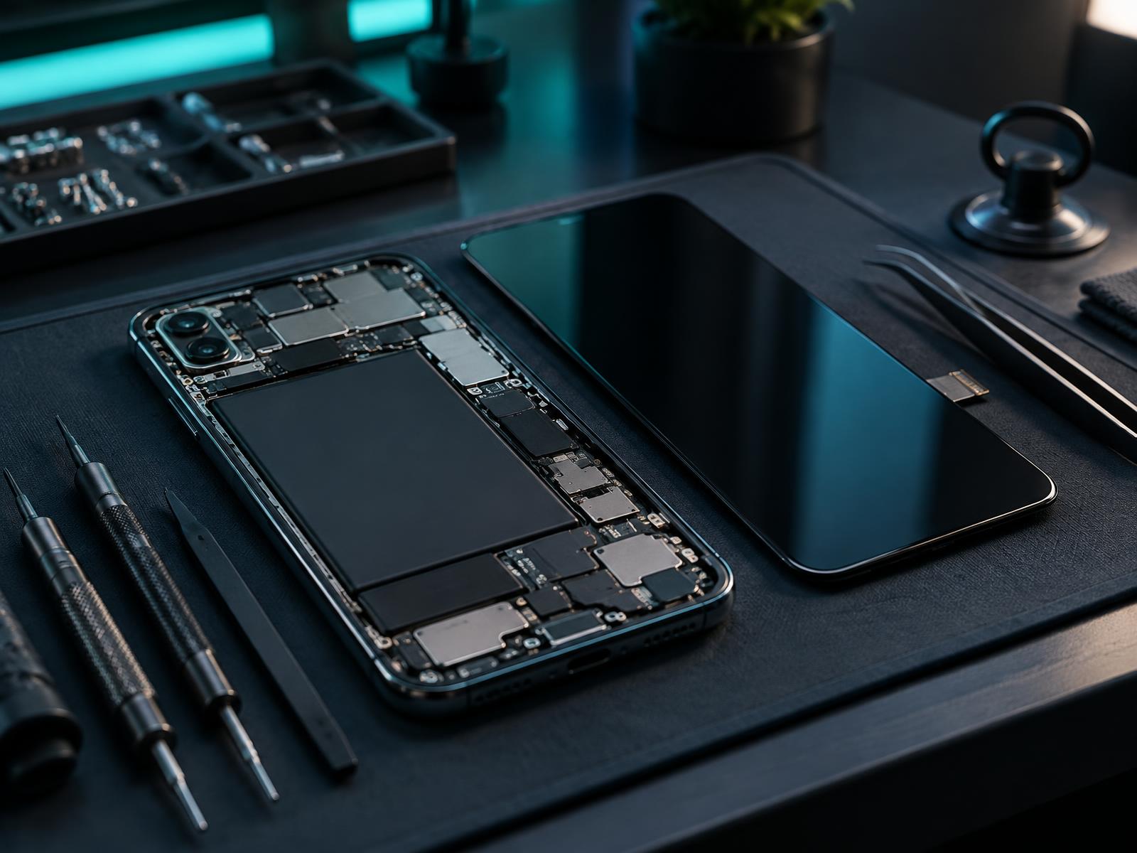 Modern edge-to-edge smartphone opened on a repair mat beside a replacement screen and precision tools at a Berkeley phone repair workbench